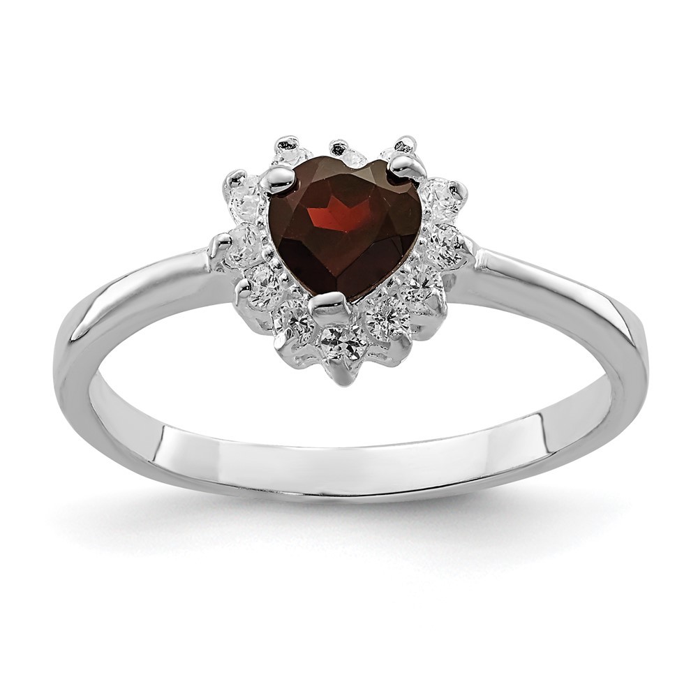 925 Sterling Silver Rhodium-plated Garnet & CZ Heart Ring
